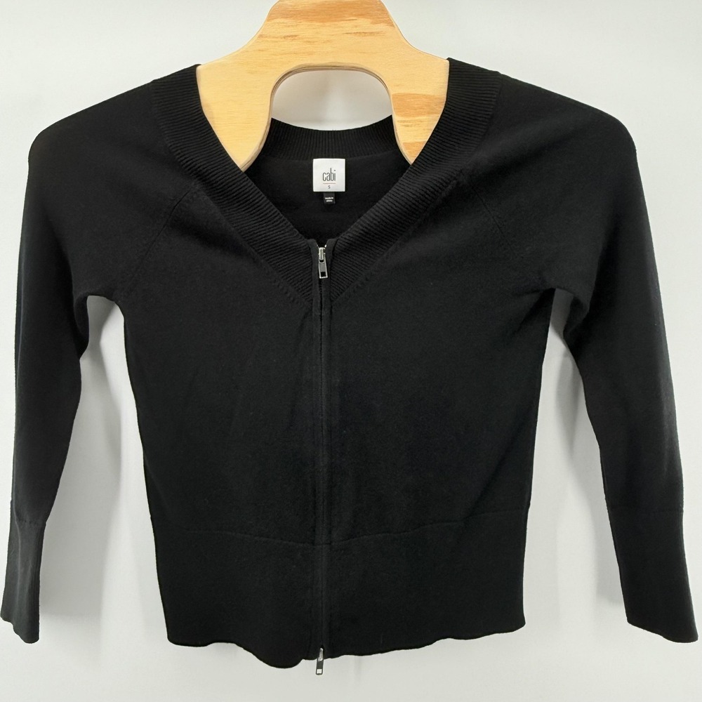 Cabi Sweater Womens Small Black Full Zip Cardigan Lightweight Ribbed Knit Layer